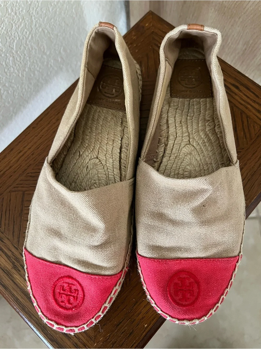 Tory Burch Canvas Espadrilles in Beige with Coral Toe